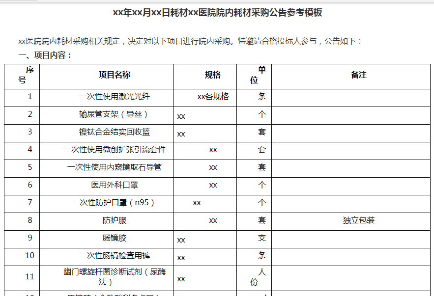 xx年xx月xx日耗材xx醫(yī)院院內耗材采購公告參考模板